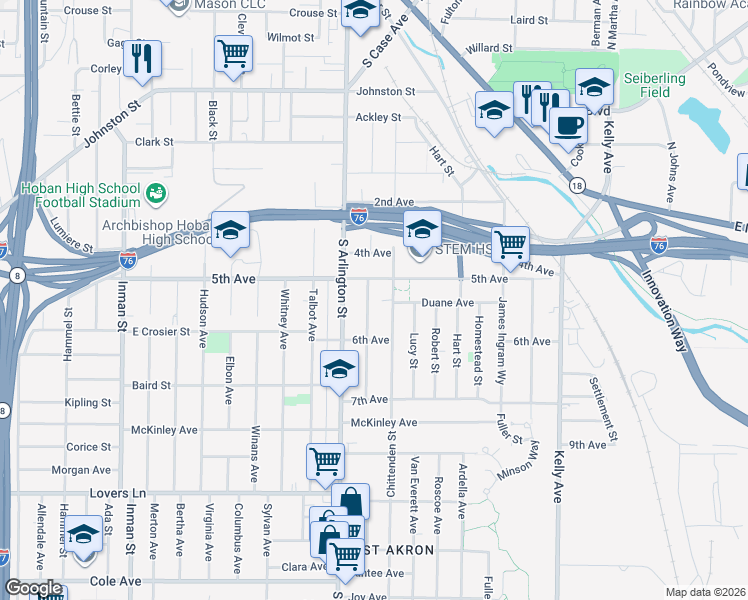 map of restaurants, bars, coffee shops, grocery stores, and more near 346 Chittenden Street in Akron