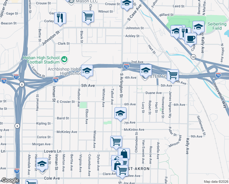 map of restaurants, bars, coffee shops, grocery stores, and more near 411 Talbot Avenue in Akron