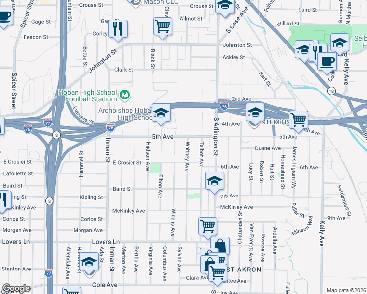 map of restaurants, bars, coffee shops, grocery stores, and more near 410 Whitney Avenue in Akron