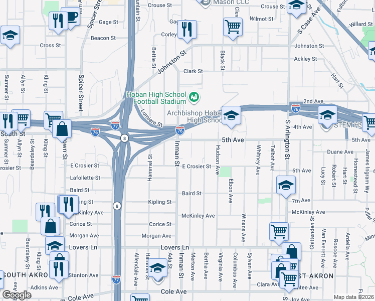 map of restaurants, bars, coffee shops, grocery stores, and more near 840 5th Avenue in Akron