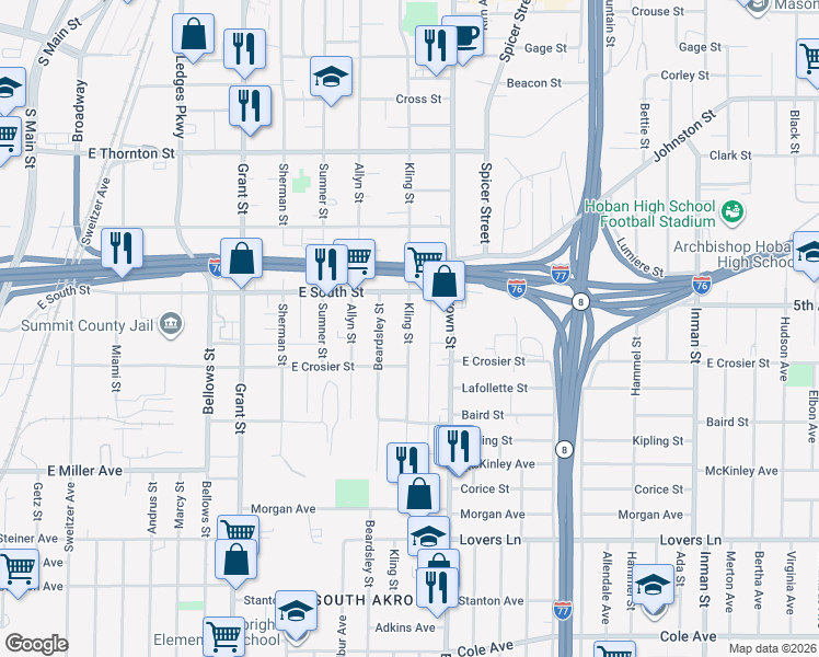 map of restaurants, bars, coffee shops, grocery stores, and more near 779 Kling Street in Akron