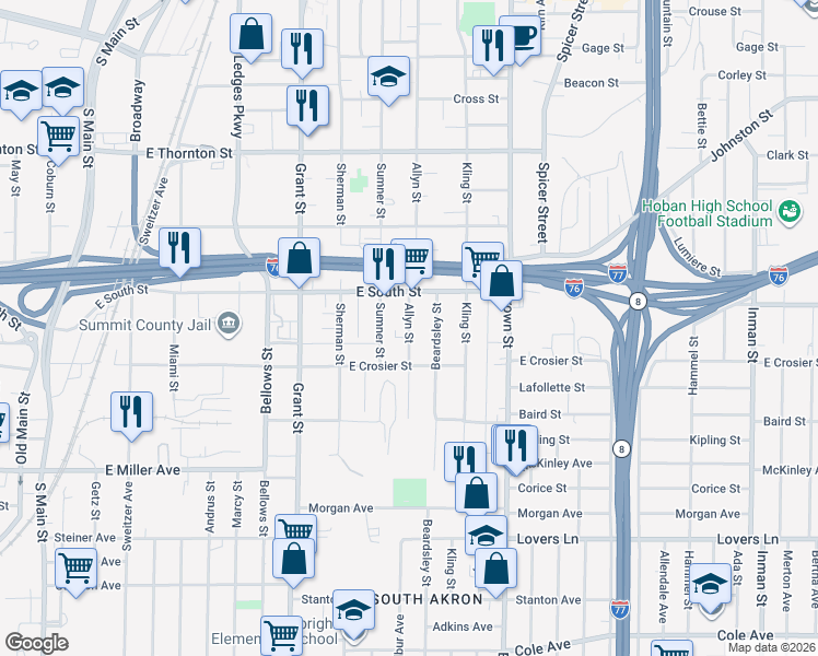 map of restaurants, bars, coffee shops, grocery stores, and more near 815 Sumner Street in Akron