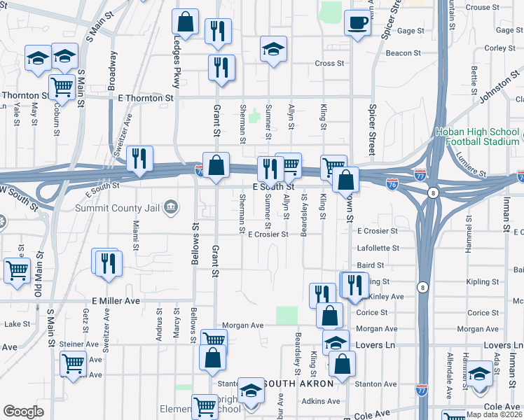 map of restaurants, bars, coffee shops, grocery stores, and more near 807 Sherman Street in Akron