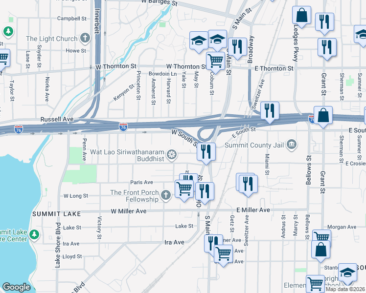 map of restaurants, bars, coffee shops, grocery stores, and more near 940 Yale Street in Akron