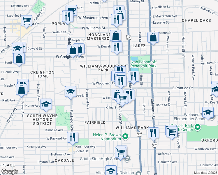 map of restaurants, bars, coffee shops, grocery stores, and more near 221 West Woodland Avenue in Fort Wayne