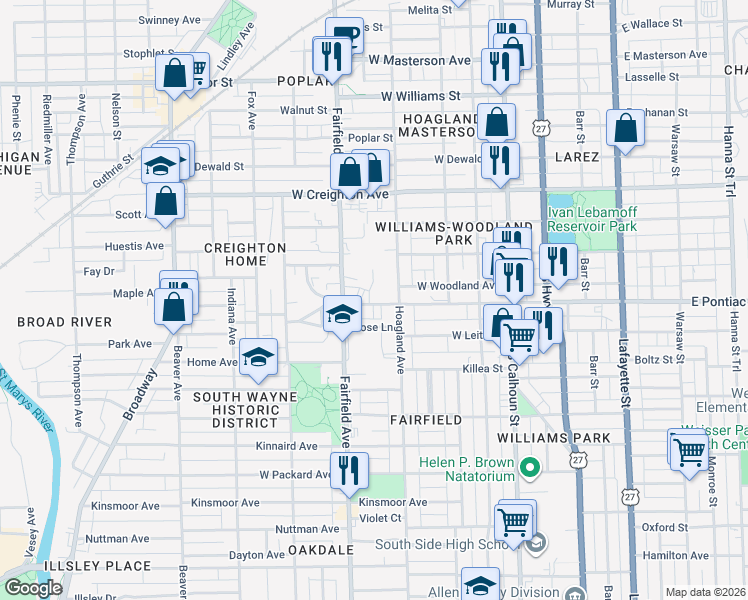 map of restaurants, bars, coffee shops, grocery stores, and more near 2602 Hoagland Avenue in Fort Wayne