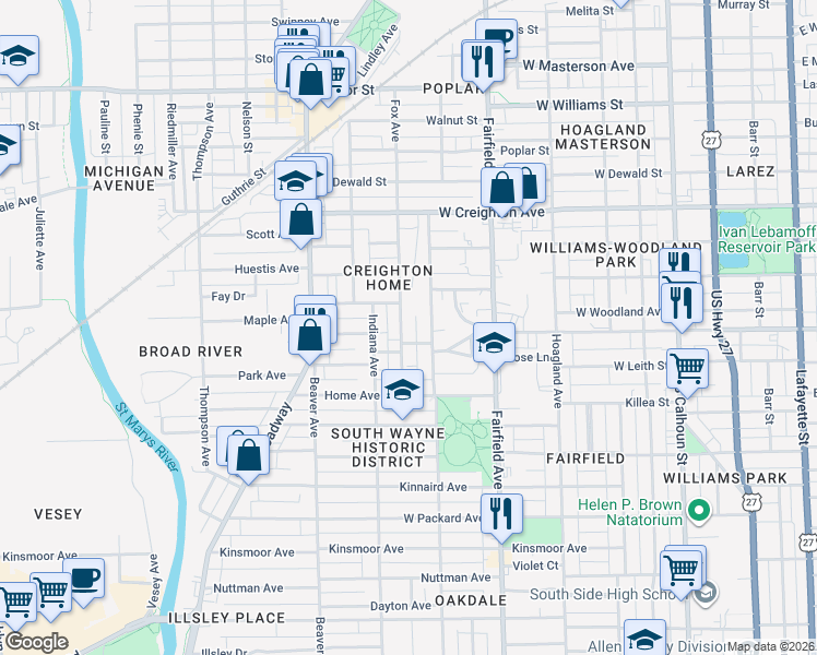 map of restaurants, bars, coffee shops, grocery stores, and more near 2614 Fox Avenue in Fort Wayne