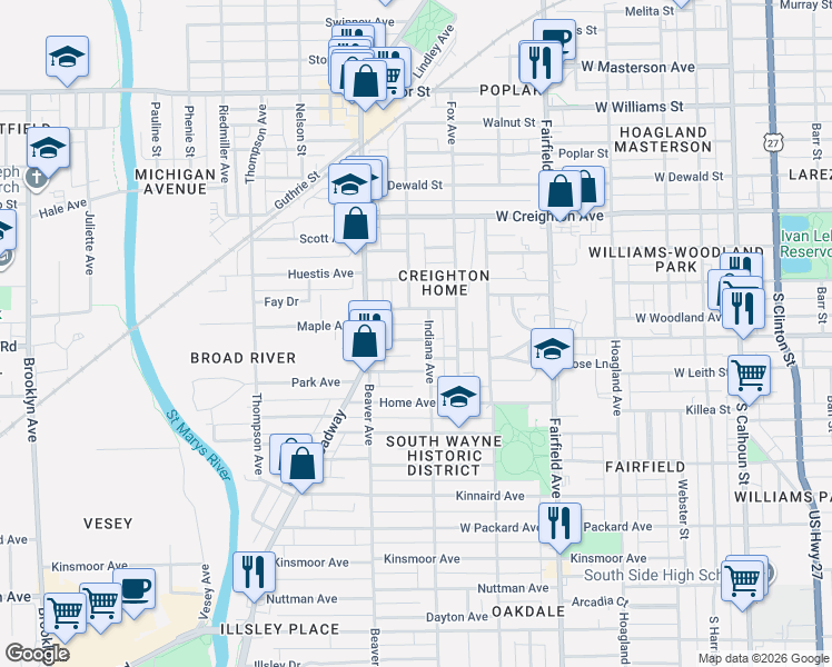 map of restaurants, bars, coffee shops, grocery stores, and more near 915 Grace Avenue in Fort Wayne
