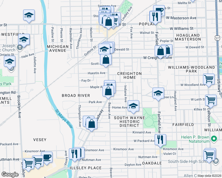 map of restaurants, bars, coffee shops, grocery stores, and more near in Fort Wayne