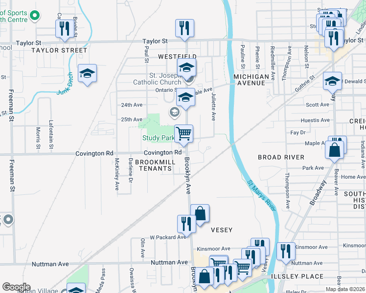map of restaurants, bars, coffee shops, grocery stores, and more near 2023 Carlton Avenue in Fort Wayne
