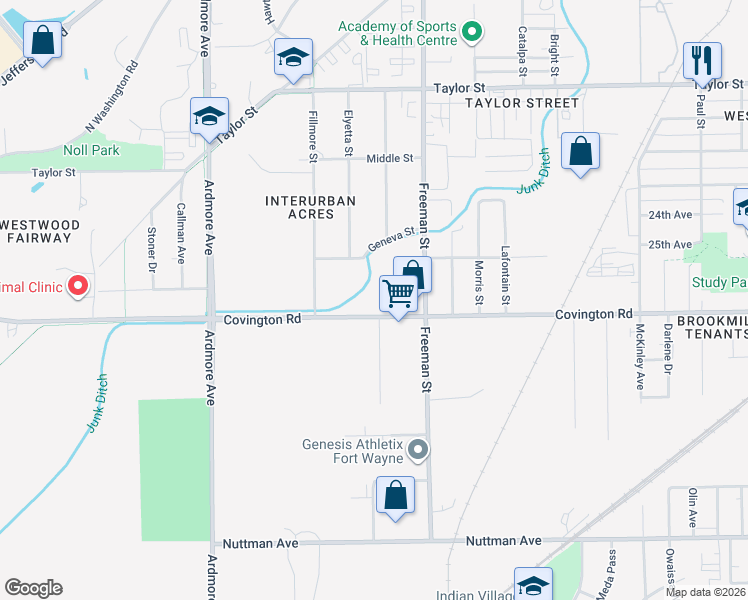 map of restaurants, bars, coffee shops, grocery stores, and more near 3320 Covington Road in Fort Wayne