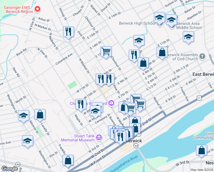 map of restaurants, bars, coffee shops, grocery stores, and more near 118 East 10th Street in Berwick