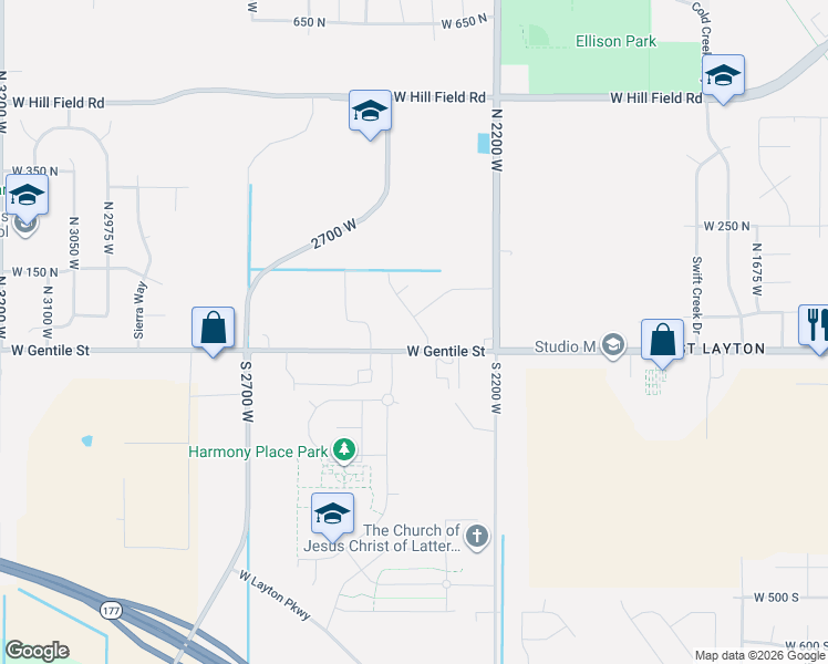 map of restaurants, bars, coffee shops, grocery stores, and more near 89 Village Park Drive in Layton