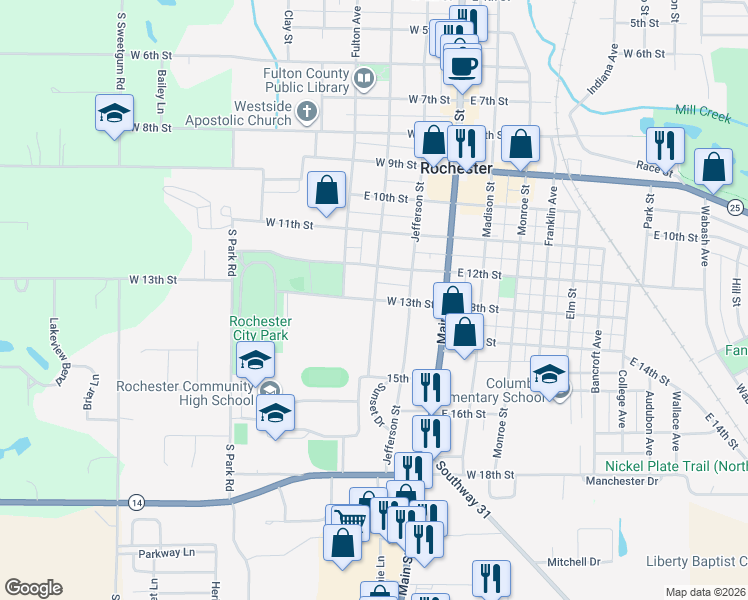 map of restaurants, bars, coffee shops, grocery stores, and more near 300 West 13th Street in Rochester