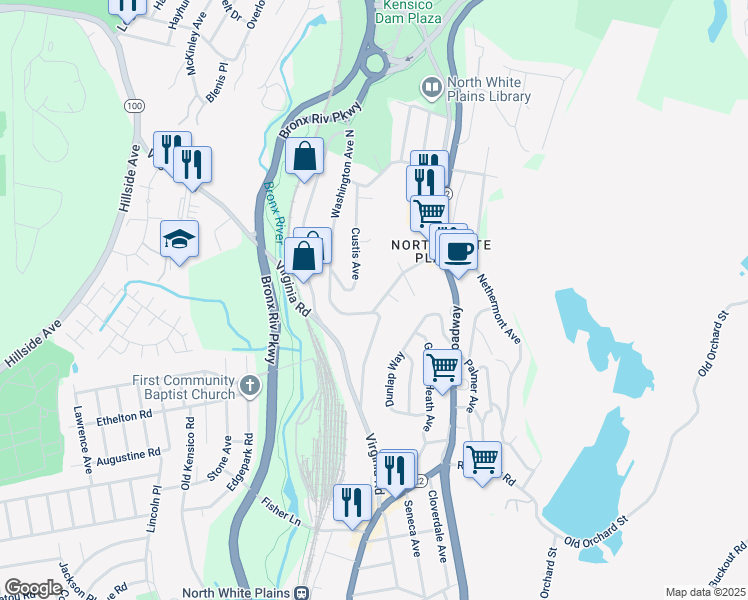 map of restaurants, bars, coffee shops, grocery stores, and more near 36 Washington Place East in White Plains