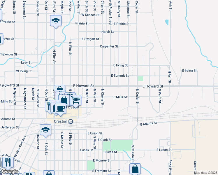 map of restaurants, bars, coffee shops, grocery stores, and more near 501-599 East Howard Street in Creston