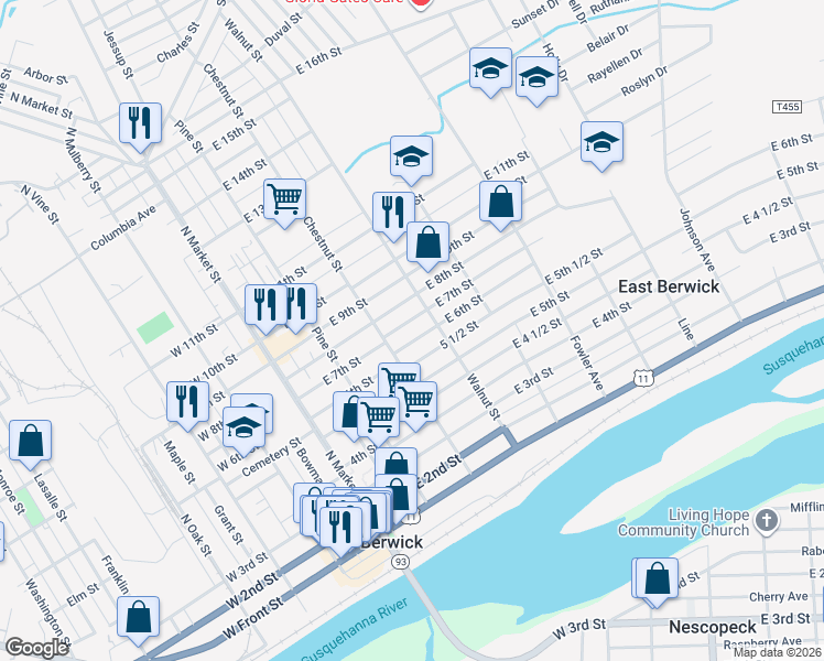 map of restaurants, bars, coffee shops, grocery stores, and more near 317 East 7th Street in Berwick