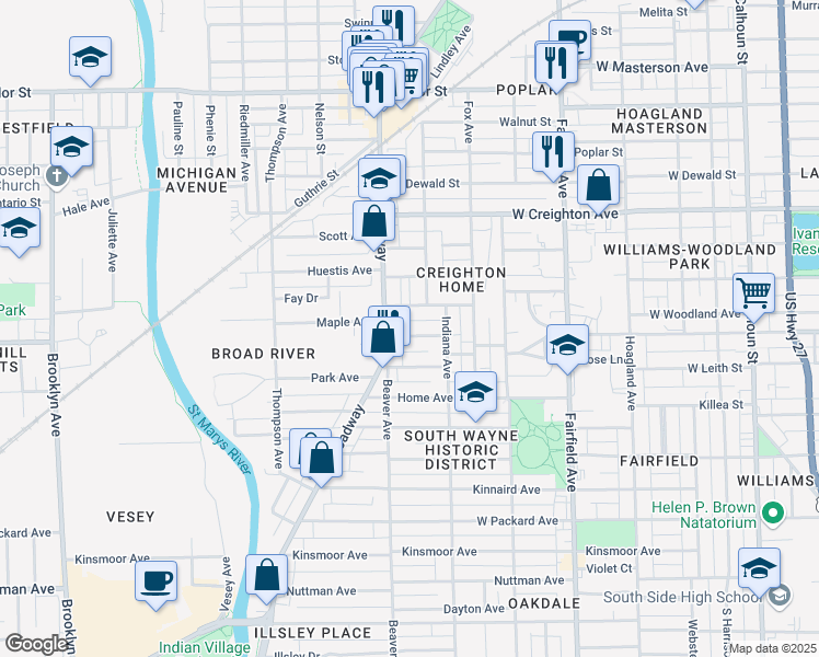 map of restaurants, bars, coffee shops, grocery stores, and more near 938 Lincoln Avenue in Fort Wayne