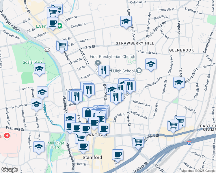 map of restaurants, bars, coffee shops, grocery stores, and more near 725 Bedford Street in Stamford