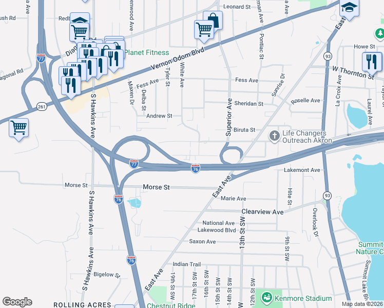 map of restaurants, bars, coffee shops, grocery stores, and more near 923 Rosamond Avenue in Akron