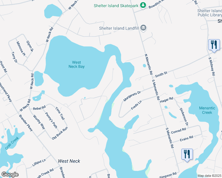 map of restaurants, bars, coffee shops, grocery stores, and more near 13A Westmoreland Drive in Shelter Island