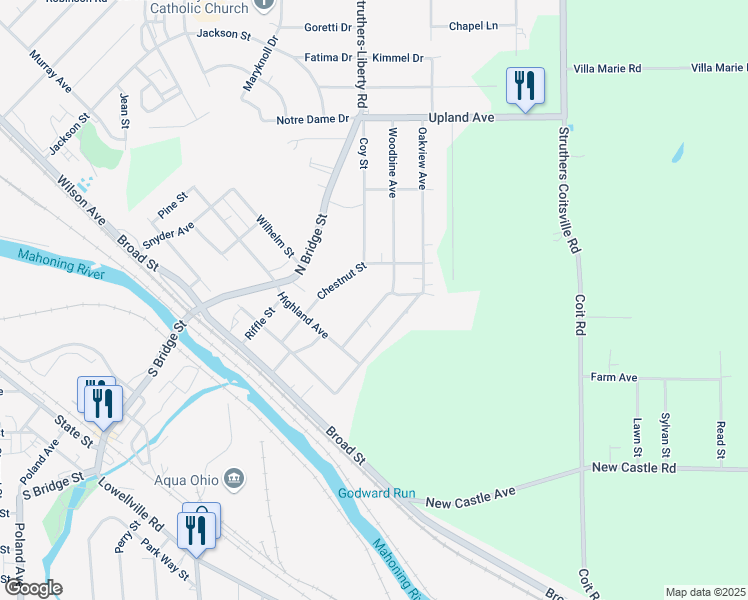 map of restaurants, bars, coffee shops, grocery stores, and more near 130 Woodbine Avenue in Struthers