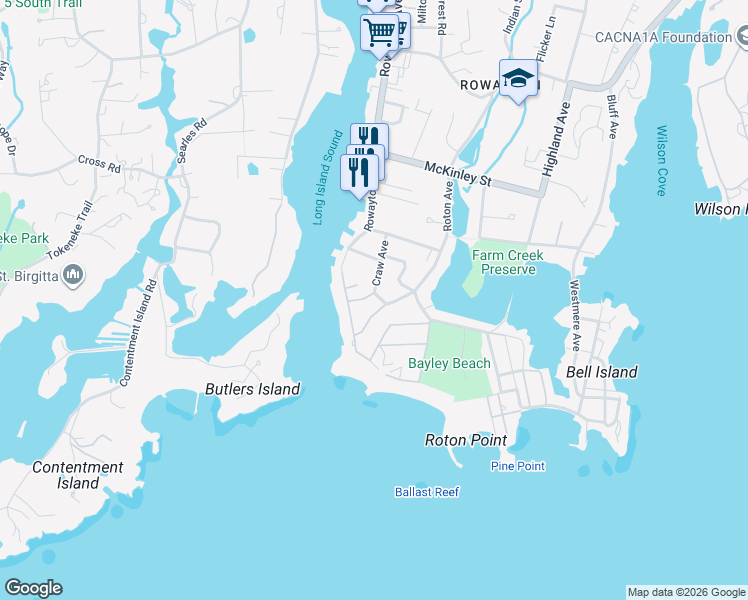 map of restaurants, bars, coffee shops, grocery stores, and more near 28 Craw Avenue in Norwalk