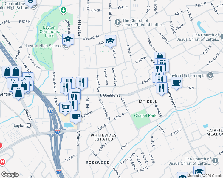map of restaurants, bars, coffee shops, grocery stores, and more near 27 Colonial Avenue in Layton