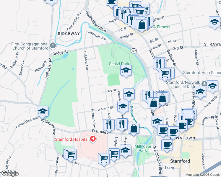 map of restaurants, bars, coffee shops, grocery stores, and more near 23 Ivy Street in Stamford
