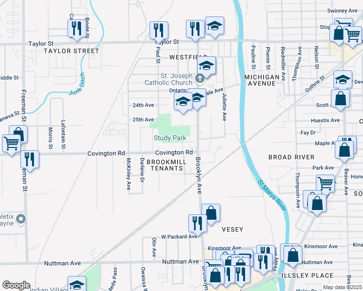 map of restaurants, bars, coffee shops, grocery stores, and more near 2103 Carlton Avenue in Fort Wayne