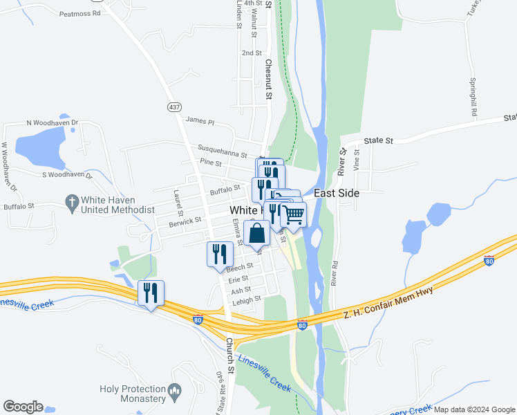 map of restaurants, bars, coffee shops, grocery stores, and more near 404 Towanda Street in White Haven