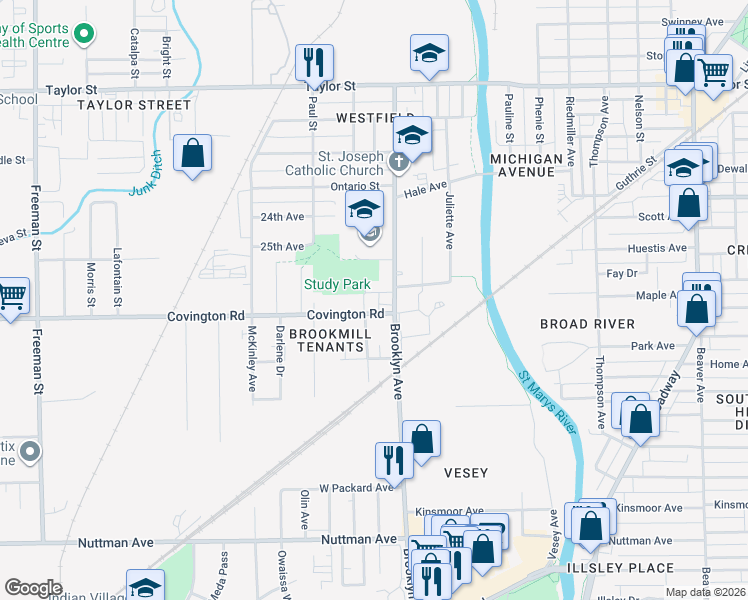 map of restaurants, bars, coffee shops, grocery stores, and more near 2023 Carlton Avenue in Fort Wayne