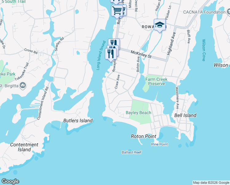 map of restaurants, bars, coffee shops, grocery stores, and more near 28 Craw Avenue in Norwalk