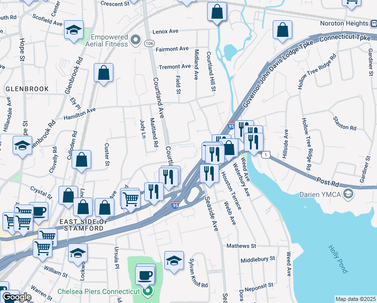 map of restaurants, bars, coffee shops, grocery stores, and more near 25 De Bera Lane in Stamford