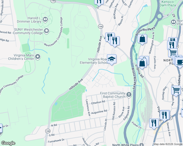 map of restaurants, bars, coffee shops, grocery stores, and more near 164 Reunion Road in White Plains