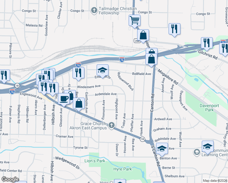 map of restaurants, bars, coffee shops, grocery stores, and more near 2308 Windemere Avenue in Akron