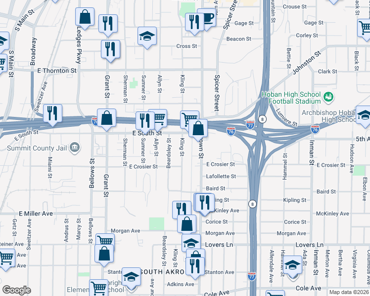 map of restaurants, bars, coffee shops, grocery stores, and more near 779 Kling Street in Akron