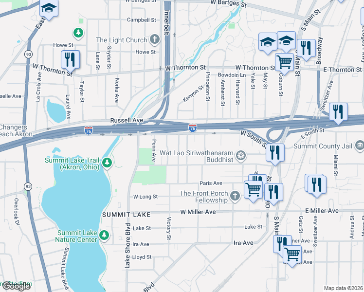 map of restaurants, bars, coffee shops, grocery stores, and more near 950 Victory Street in Akron