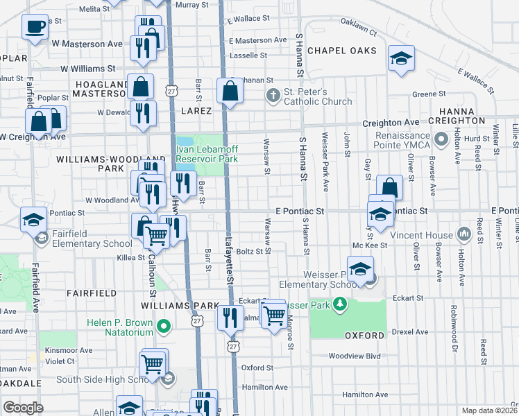 map of restaurants, bars, coffee shops, grocery stores, and more near 453 East Pontiac Street in Fort Wayne