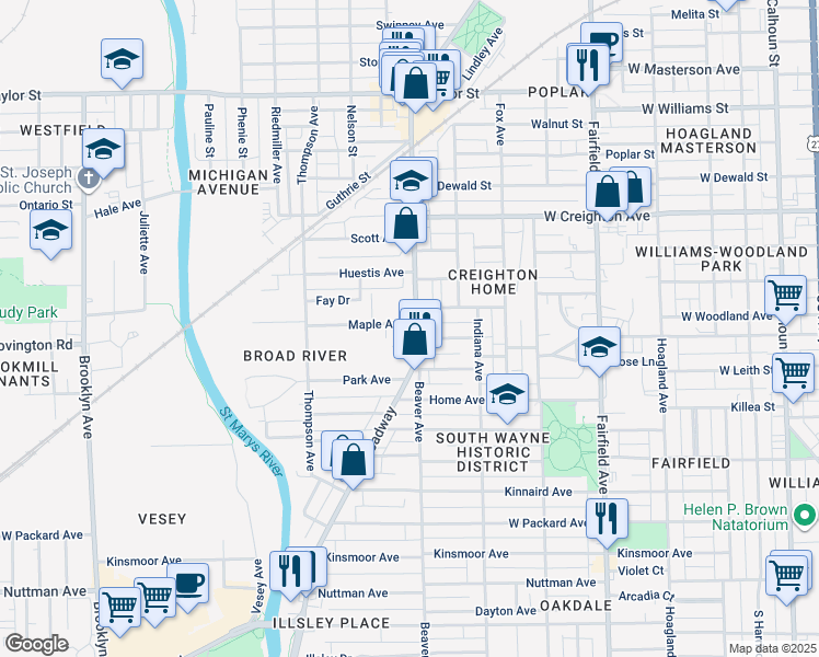 map of restaurants, bars, coffee shops, grocery stores, and more near in Fort Wayne