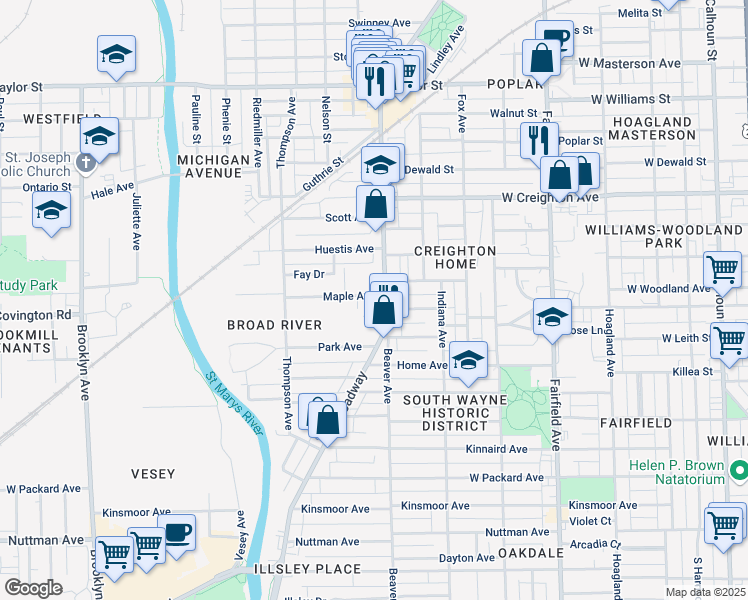 map of restaurants, bars, coffee shops, grocery stores, and more near in Fort Wayne