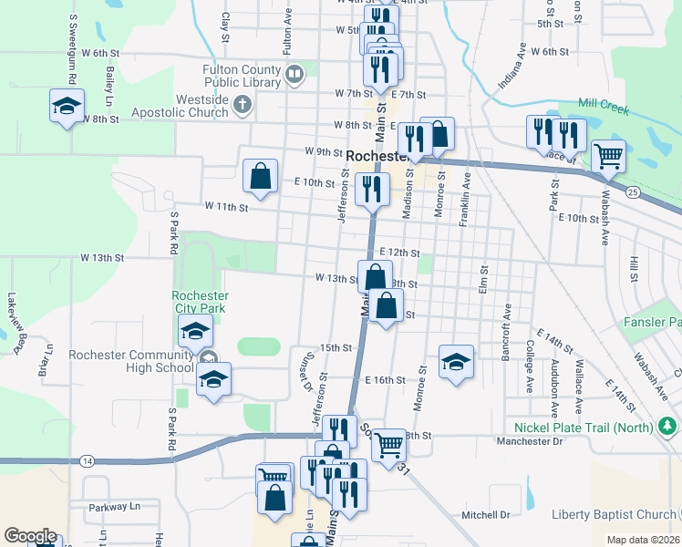 map of restaurants, bars, coffee shops, grocery stores, and more near 200-298 W 13th St in Rochester