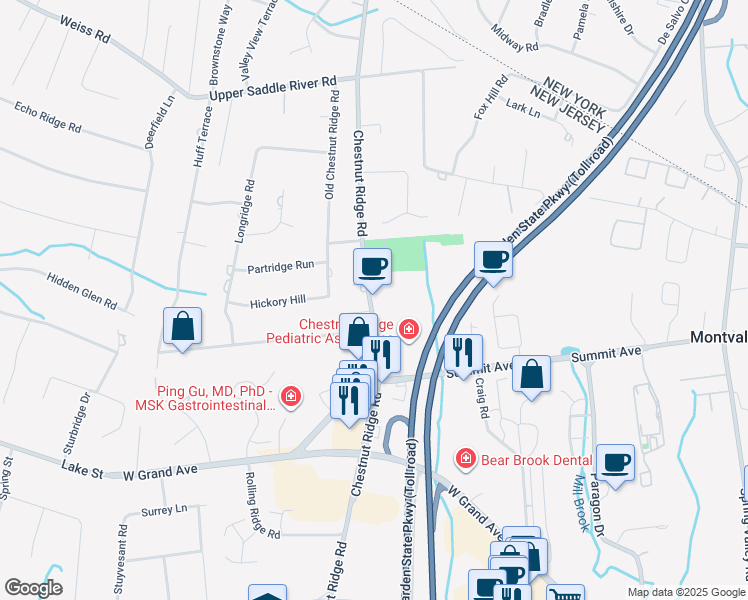 map of restaurants, bars, coffee shops, grocery stores, and more near 155 Chestnut Ridge Road in Montvale