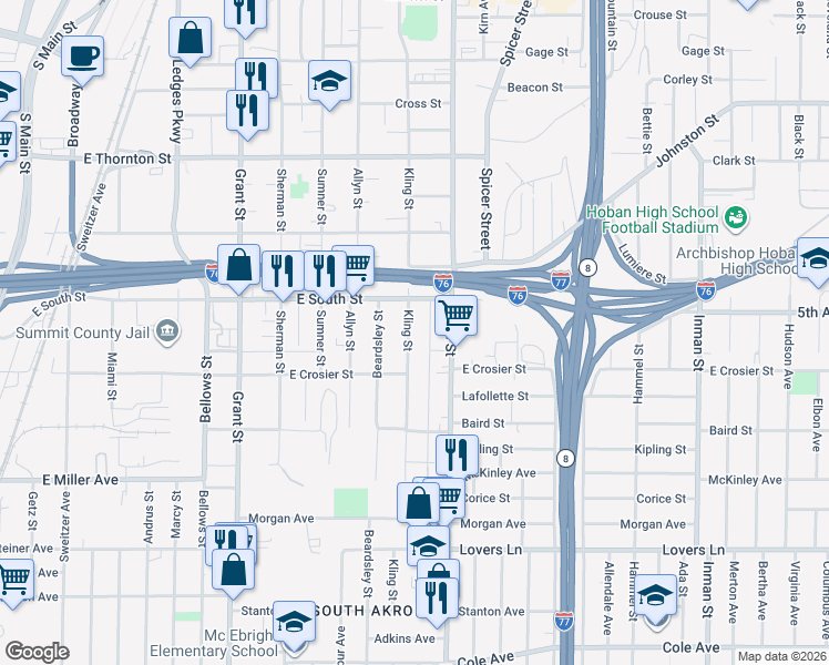 map of restaurants, bars, coffee shops, grocery stores, and more near 779 Kling Street in Akron