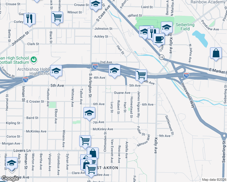 map of restaurants, bars, coffee shops, grocery stores, and more near 1175 Duane Avenue in Akron