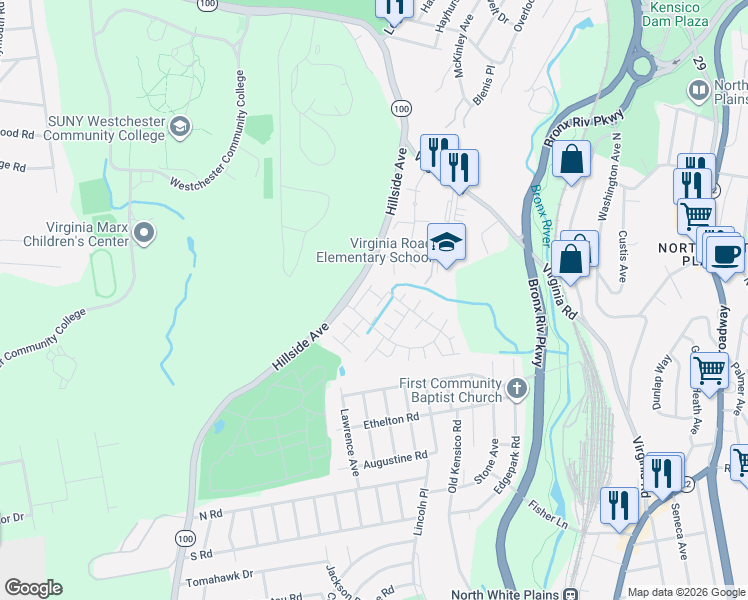 map of restaurants, bars, coffee shops, grocery stores, and more near 150 Reunion Road in White Plains