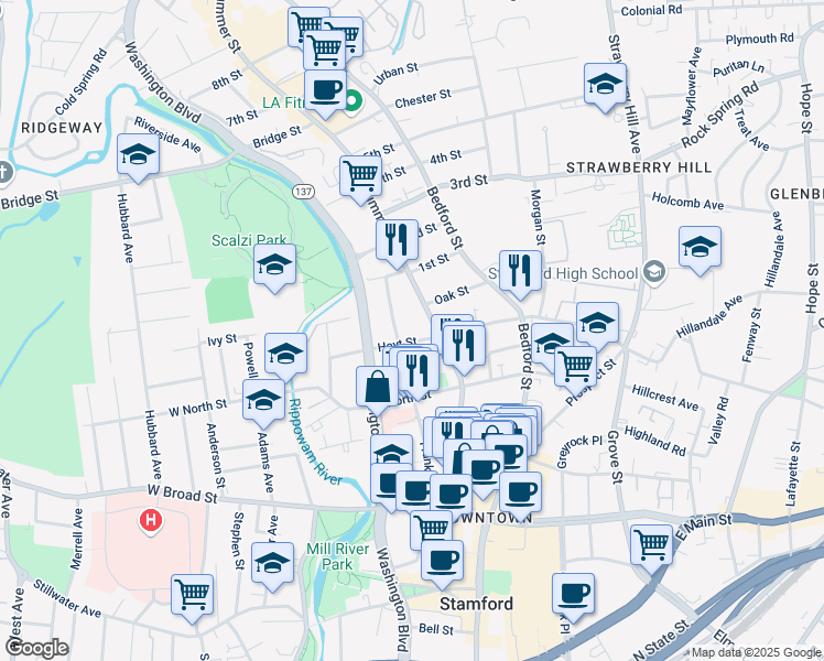 map of restaurants, bars, coffee shops, grocery stores, and more near 159 Franklin Street in Stamford