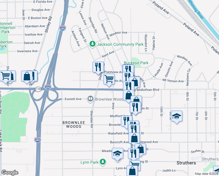 map of restaurants, bars, coffee shops, grocery stores, and more near 1942 E Midlothian Blvd in Youngstown