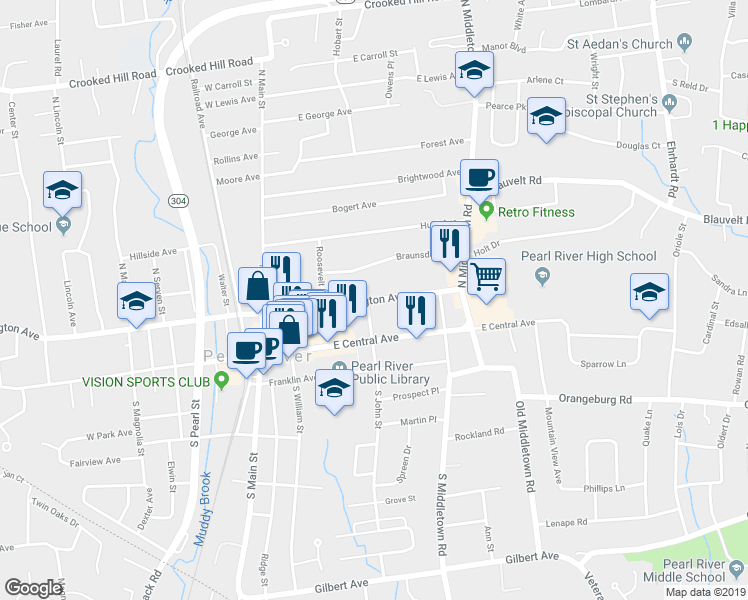 map of restaurants, bars, coffee shops, grocery stores, and more near 117 East Washington Avenue in Pearl River