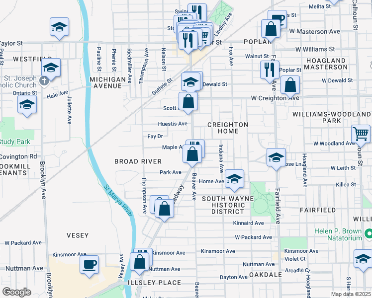 map of restaurants, bars, coffee shops, grocery stores, and more near 1115 Maple Avenue in Fort Wayne